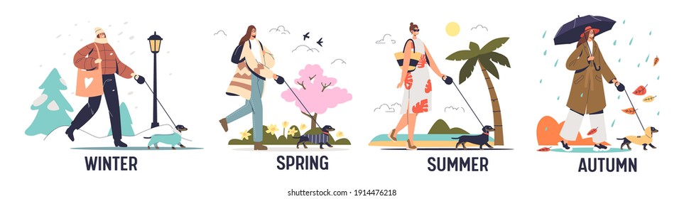 Four seasons set with cute woman walking with dog on leash wearing seasonal clothes in autumn, spring, summer and winter park. Cartoon flat vector illustration