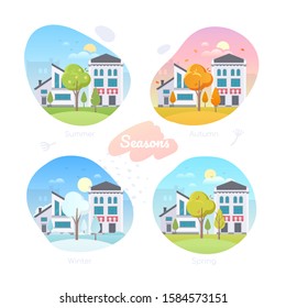 Four seasons - set of flat design style vector elements. Modern icons with an apartment building and a cafe, shop, urban landscapes. Summer, spring, winter, autumn parts of the year, weather types