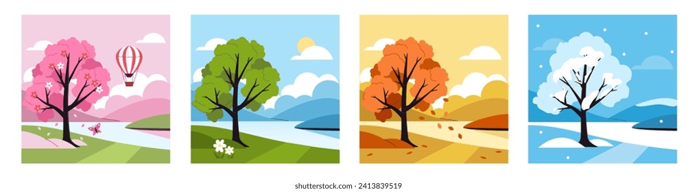 Four seasons set. Scene with tree in different times of year, spring, summer, autumn and winter. Vector illustration 