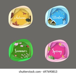 Four seasons set. Summer, Autumn, Winter and Spring. Sale background layout for banners. voucher, discount.Vector illustration template. Circle layered cave frame. Space for text. Origami Foliage.