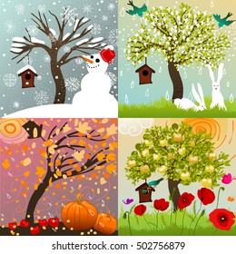 Four seasons set with tree, snowman, birdhouse, birds, bunnies, poppies, butterflies and pumpkins