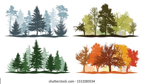 Four seasons. Set of winter, spring, summer and autumn trees silhouettes. Vector illustration.