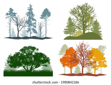 Four seasons, silhouette of summer, autumn, winter, spring woodland, landscape. Vector illustration