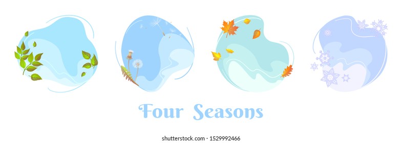 Four seasons sky round concepts. Spring foliage, summer dandelion blowball, autumn fall leaf, winter snowflakes. Flat design template for seasonal sale banner, calendar, poster. Isolated circle frames