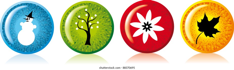 Four seasons. Snowman, tree, flower, leaf.