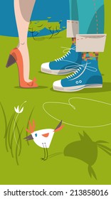 Four seasons. Spring. Romantic couple in park. Vector illustration. 