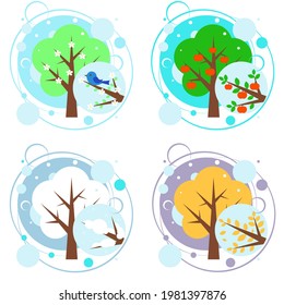 Four Seasons Spring, Summer, Autumn, Winter Banners With Abstract Trees Infographic - Vector Illustration