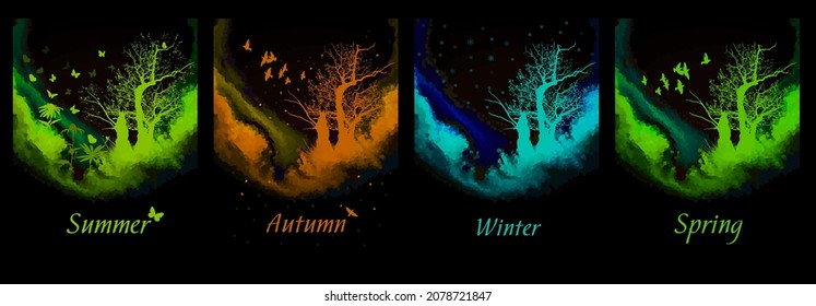 Four seasons - spring, summer, autumn, winter. Art tree beautiful for your design. Vector illustration.