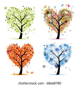 Four Seasons - Spring, Summer, Autumn, Winter. Art Tree Heart Shape For Your Design