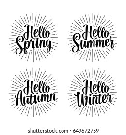 Four seasons stickers set. Hello Winter, Spring, Summer and Autumn hand drawn lettering with rays. Vector black illustration isolated on white