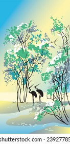 Four seasons: summer, hand-drawing picture in Chinese traditional painting style, vector