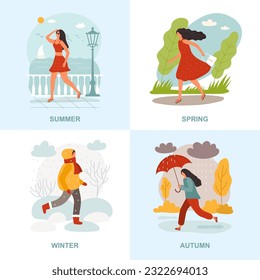 Four seasons. summer winter spring and autumn concept outdoor landscape with stylized characters