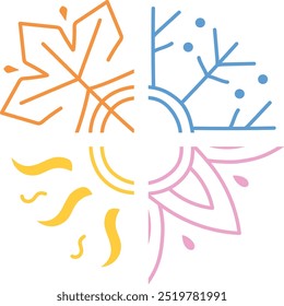 Four seasons summer, winter, spring, fall, autumn art. Seasons icons, signs, symbols. Flower, sun, leaves, snowflake. Vector illustration 