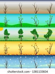 Four seasons of tree contain Spring Summer Autumn Winter and the dead one with weather background