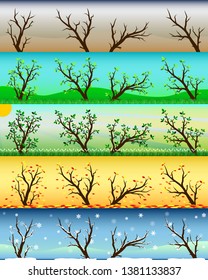 Four seasons of tree contain Spring Summer Autumn Winter and the dead one with weather background