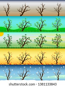 Four seasons of tree contain Spring Summer Autumn Winter and the dead one with weather background