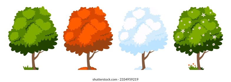 Four seasons tree isolated on white background, spring with flowers, green summer, yellow autumn, snow winter. Vector illustration. Paper cut cartoon style, nature and environment eco concept