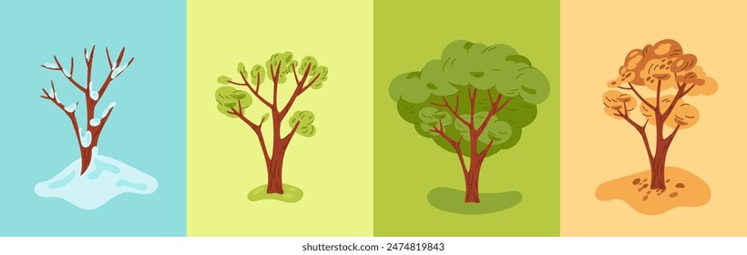 Vier Jahreszeiten Baum. Veränderung der Natur. Cartoon-Pflanze im Herbst und Frühling. Winter schneereiche Äste. Sommerlaub. Natürliche Knospen und Blätter. Herbst welk. saisonales Wetter