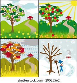 four seasons tree on a hill with a house