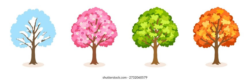 Four seasons tree set shown in winter, spring, summer and autumn. Cute hand drawn cartoon flat style landscape scenes representing seasonal changes throughout the year.
