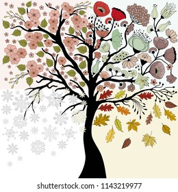 Four seasons tree - spring, summer, autumn, winter  on white background