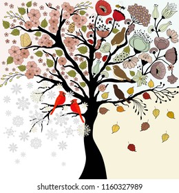 Four seasons tree - spring, summer, autumn, winter with birds and butterfly