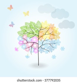 Four Seasons Tree: spring, summer, autumn, winter.Cartoon illustration representing the seasons cycle.