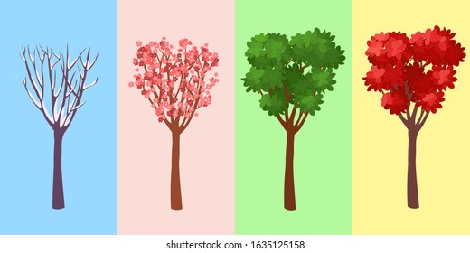 Four seasons tree. Winte. Spring. Summer. Autumn. Vector illustration. 