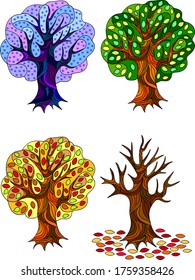 Four Seasons Trees Background Illustration. Seasons - forest set with hand drawing trees, leaves and flowers. Winter, summer, spring, autumn.