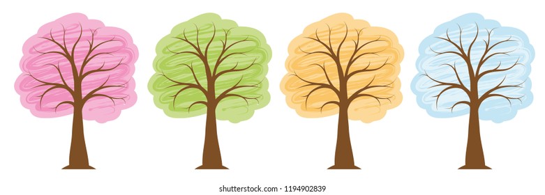 four seasons trees in bright colors spring summer autumn winter vector illustration EPS10