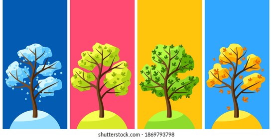 Four seasons trees. Illustration of tree in winter, spring, summer, autumn.