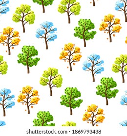 Four seasons trees pattern. Illustration of tree in winter, spring, summer, autumn.