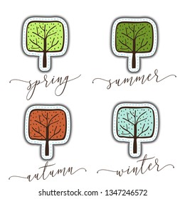 Four seasons trees: spring, summer, autumn and winter. Hand drawn simple tree sticker for seasonal design.