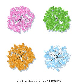 Four seasons Trees - spring, summer, autumn, winter. Tree collection top view for landscape design project. Vector set illustration isolated on white background