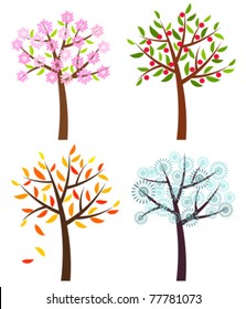 Four seasons trees: spring, summer, autumn and winter . Vector illustration