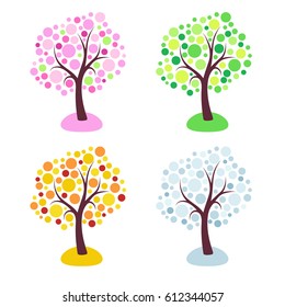 Four seasons trees stylized with circles isolated on white background. Vector illustration