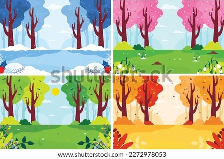 Four seasons vector background. Summer, winter, spring and autumn season wallpaper. Flat design style. 