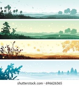 Four Seasons. Vector Banner Of Four Seasons - Summer, Autumn, Spring And Winter Landscape.