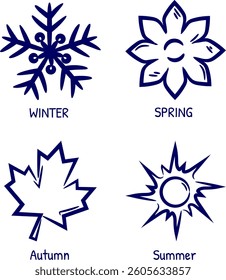 four seasons vector icon set, winter snowflakes, spring flowers, fall leaves, summer sun