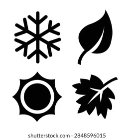 Four Seasons Vector Icon Set with Snowflakes, Flowers, Sun and Autumn Leaves for Spring Summer Autumn and Winter Nature Design