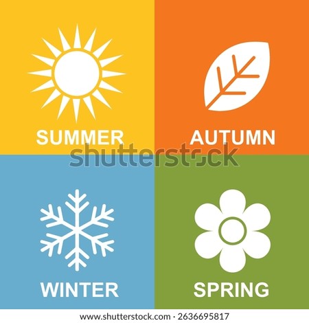 Four Seasons Vector Icons – Summer Sun, Autumn Leaf, Winter Snowflake, Spring Flower – Colorful Flat Design Set