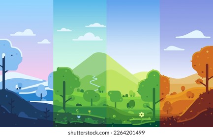 Four seasons vector illustration set. Winter, spring, summer, autumn. Landscape beautiful illustration.