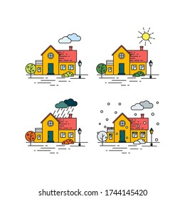 Four seasons vector illustration. Spring, summer, fall and winter country house with a tree. One house in 4 seasons linear illustration. Vector house exterior with landscape. Seasons simple lineart.  