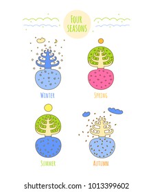 Four Seasons vector illustrations.Set of natural elements - tree, clouds, sun and moon. Nature in doodle style on white isolated background. 
