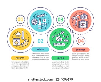Four seasons vector infographic template. Winter, autumn, spring, summer. Business presentation. Data visualization with four steps, options. Process timeline chart. Workflow layout with linear icons