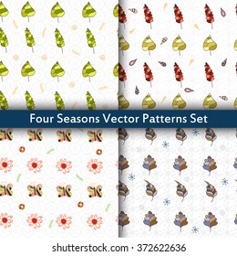  Four seasons vector patterns set. Seamless patterns with leaves, butterflies, snowflakes and abstract figures. Autumn, summer, winter and spring patterns in one set.

