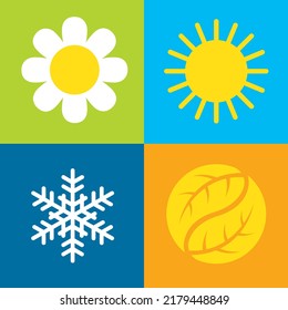 Four seasons vector symbols.
Set of four vector icons on colorful backgrounds representing each of the four seasons, spring, summer, autumn, winter.