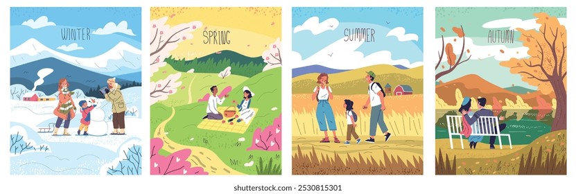 Vier Jahreszeiten zu Fuß. Familienpaar zu Fuß Stadtpark Natur verschiedene Saison, Frühling Herbst Winter Sommer Saison Wetter Landschaft Plakate Urlaub Zeit klassisch Vektorgrafik Original Kunstwerk