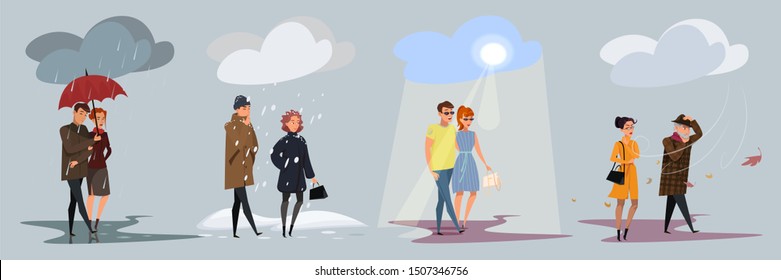 Four seasons weather flat vector illustrations set. Men and women outdoors cartoon characters. Spring, winter, summer and autumn. Meteorological conditions, rain, snow, shining sky and strong wind