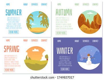 Four seasons website banners set with spring and autumn, winter and summer landscapes. Backgrounds for seasonal events and sales flat vector illustration.